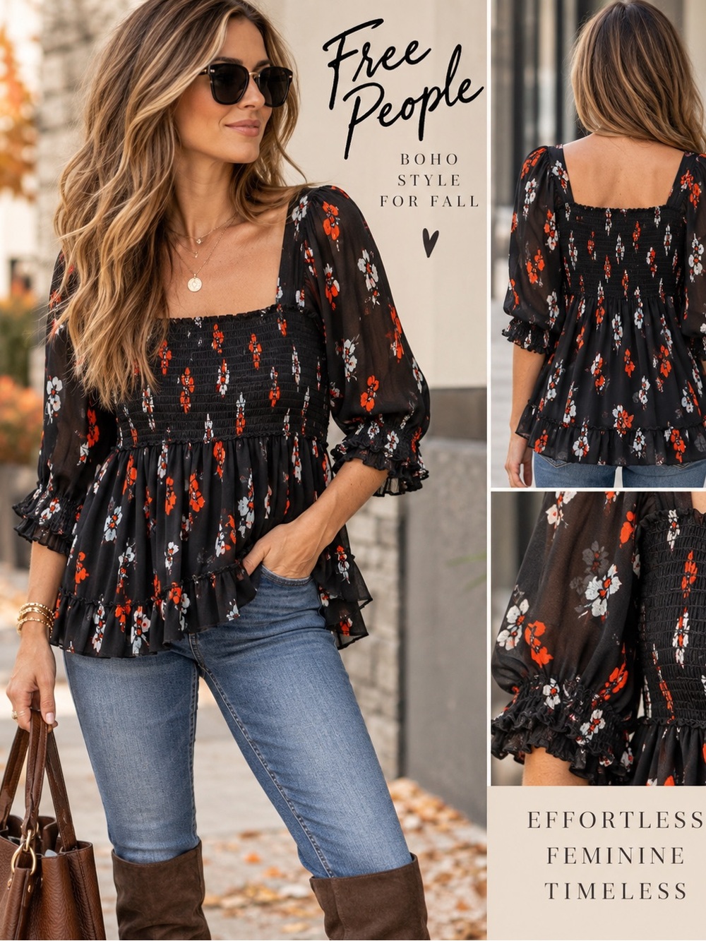 Free People Black Floral Smocked Mesh Babydoll Tunic Top M